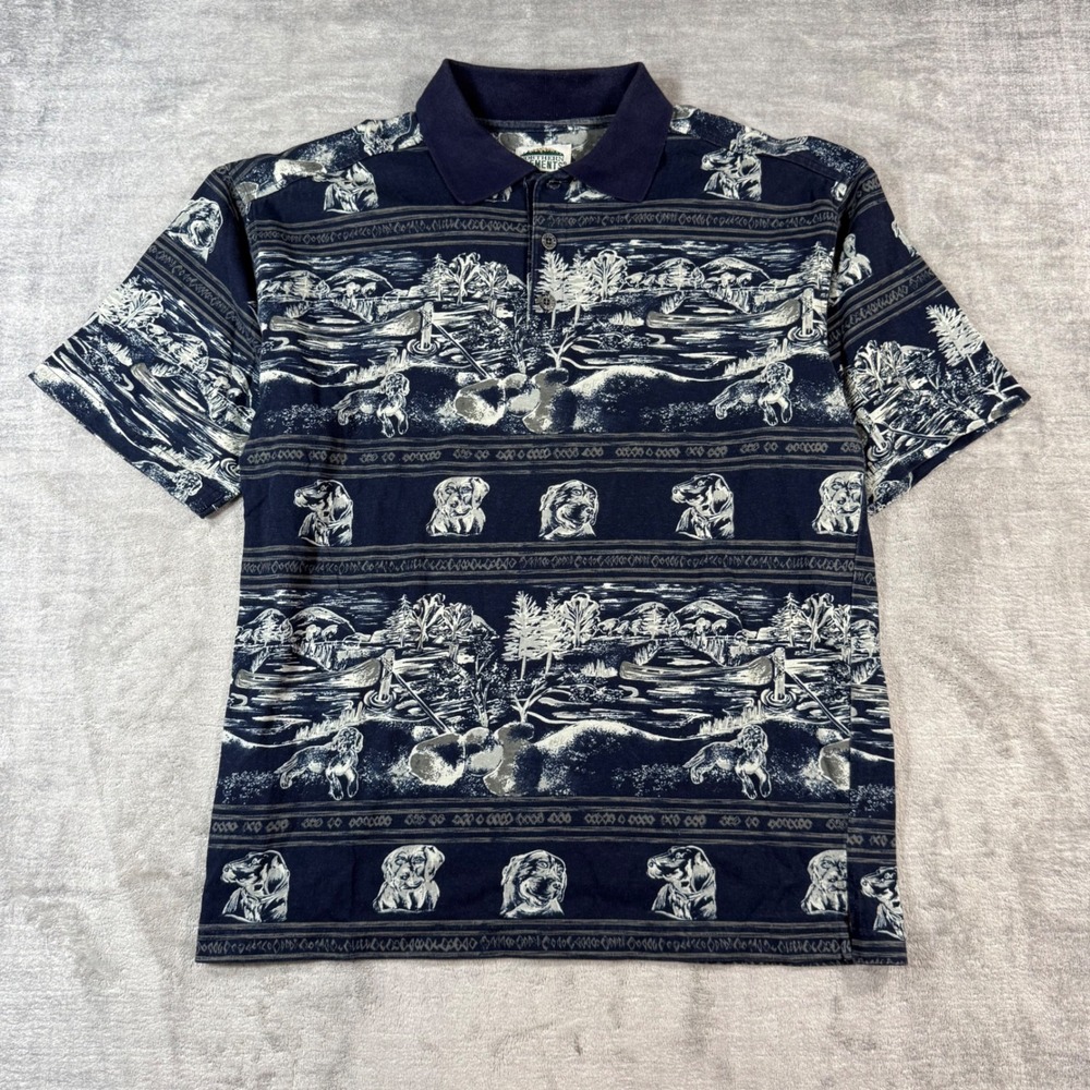 Northern Elements Shirt Mens Medium Blue Dog Fishing All Over Print Polo Graphic